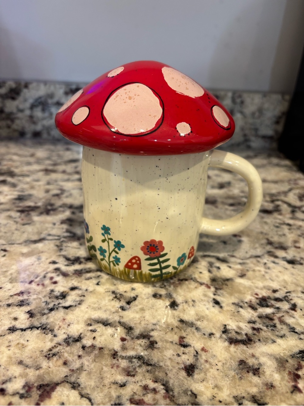 NATURAL LIFE Red Mushroom-Top Ceramic Mug with Floral Accents